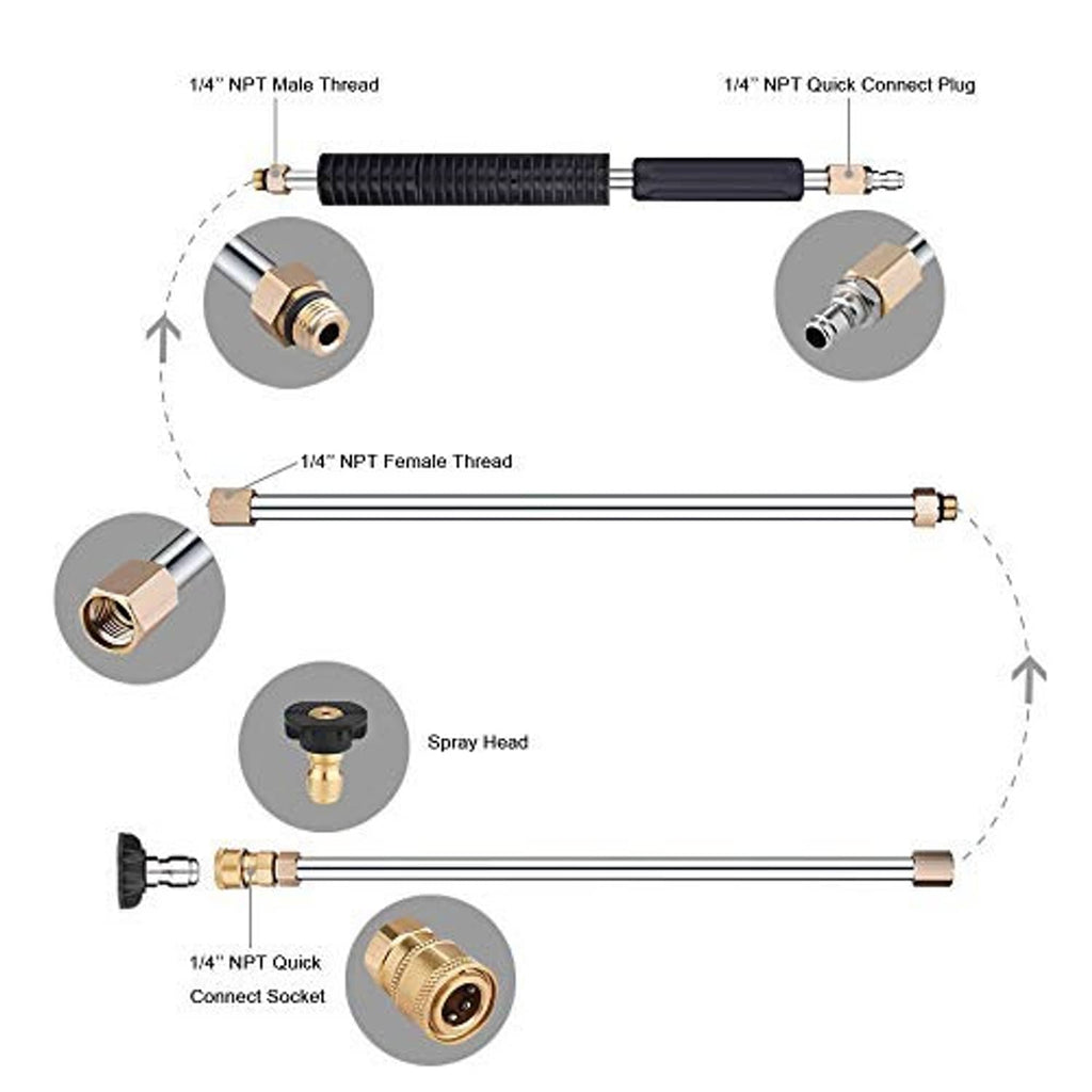 Pressure washer extension wand with NPT threaded connections and spray head adapter