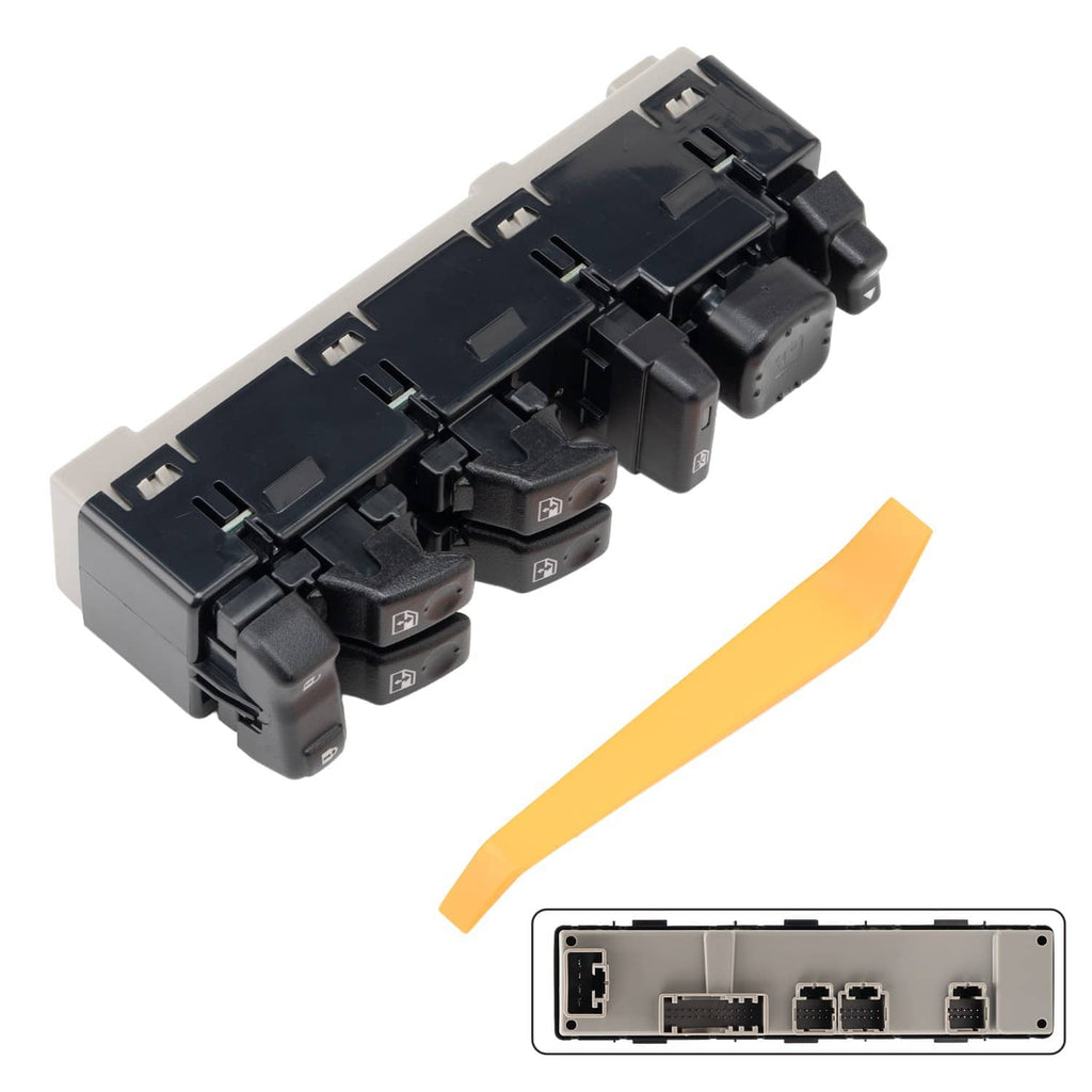 Power window switch assembly with rocker switches and mounting clips, black housing.