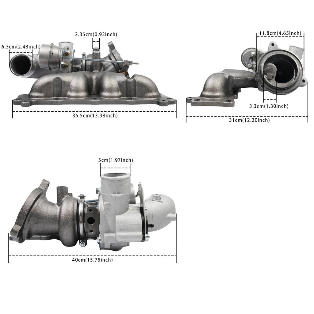Turbocharger with gray exhaust manifold, shown from multiple angles with dimensions