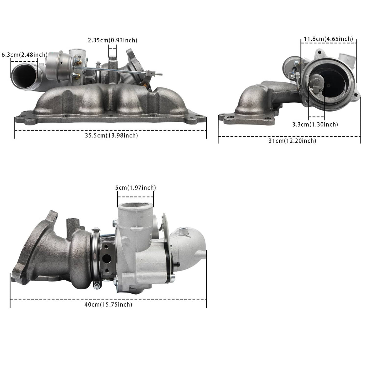 Turbocharger with gray exhaust manifold, shown from multiple angles with dimensions