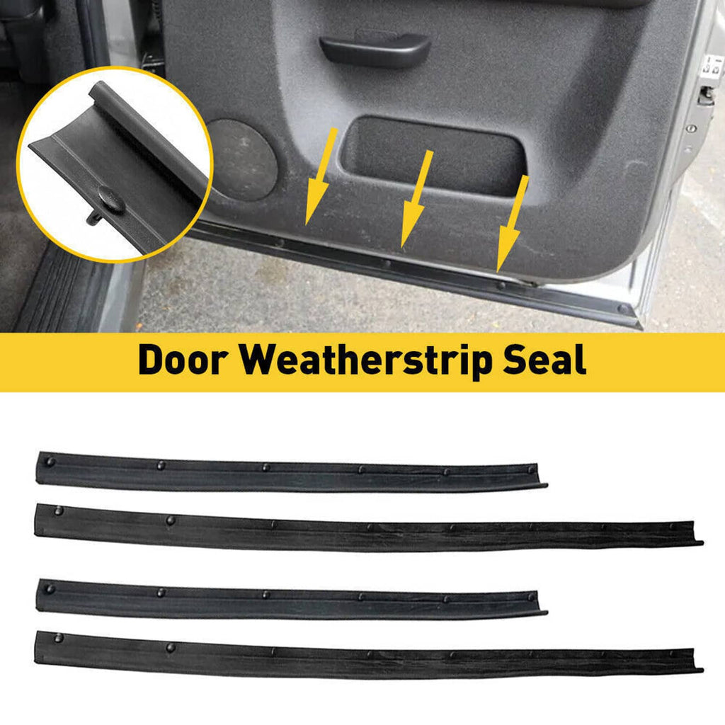 Black door weatherstrip seal bar set shown on vehicle door jamb