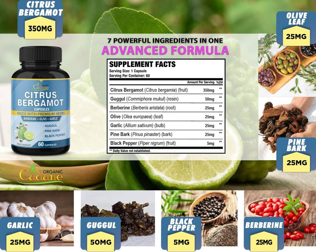 Citrus bergamot capsule bottle with supplement facts panel and 350 mg “Citrus Bergamot” box