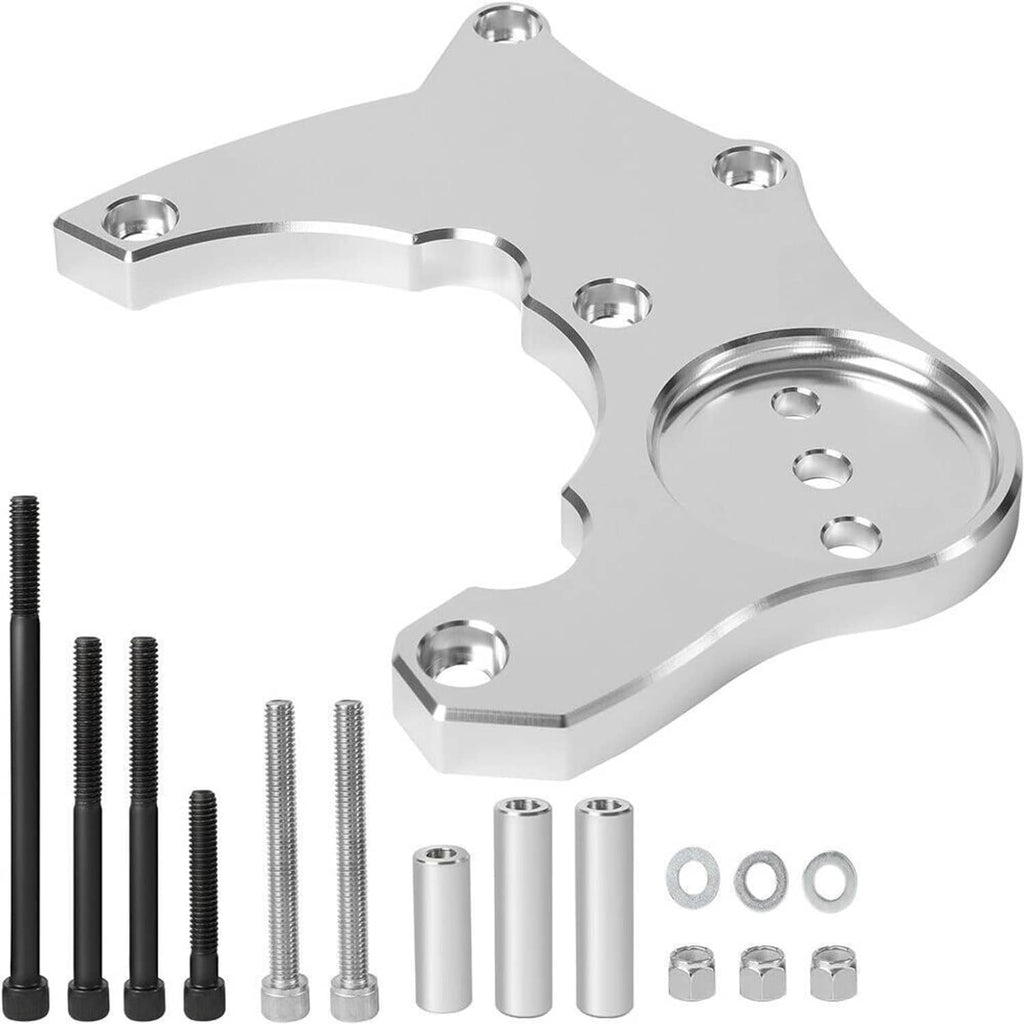Silver A/C mounting bracket with hardware: bolts, spacers, washers, silver mounting sleeves