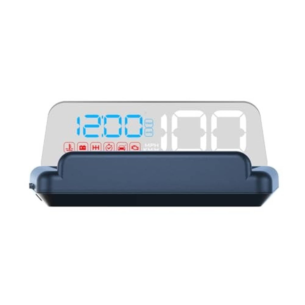 Windshield HUD projector with blue-tinted display and white digits on panel