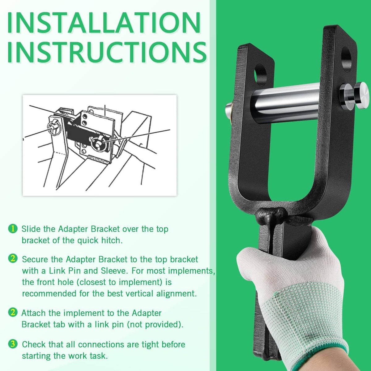 Quick hitch adapter bracket with adapter sleeve and mounting pin connection