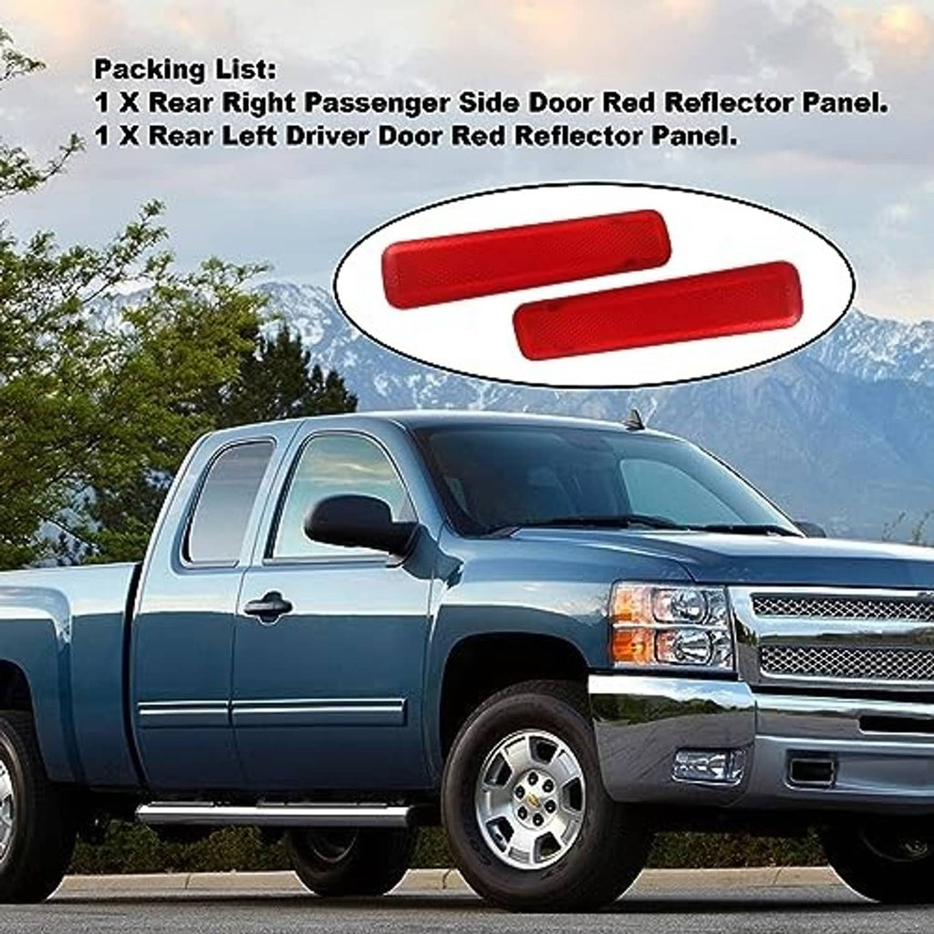Pair of red rear door reflector panels shown with packing list