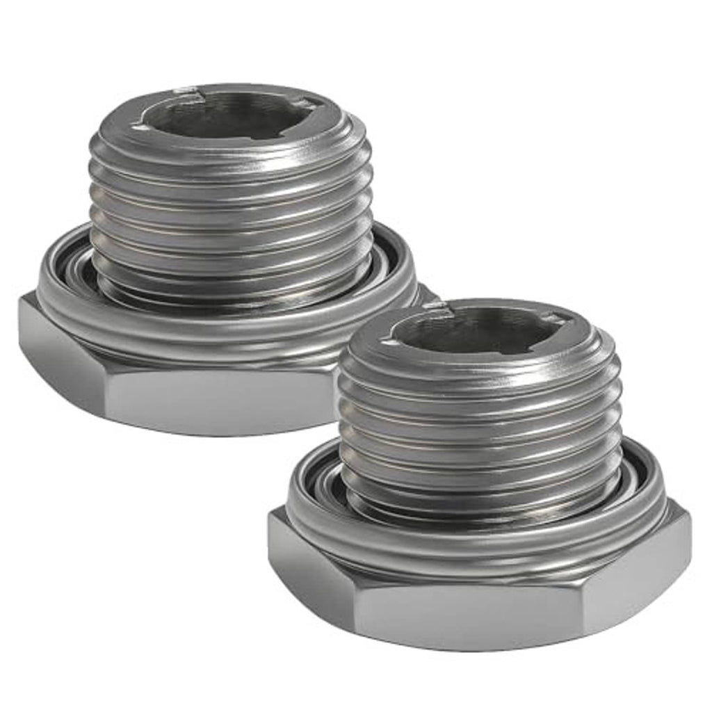 Pair of metal rear differential drain plugs with hex heads and threaded shanks