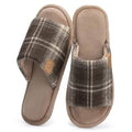 Brown plaid open-toe slippers shown front and back with tan padded inner lining