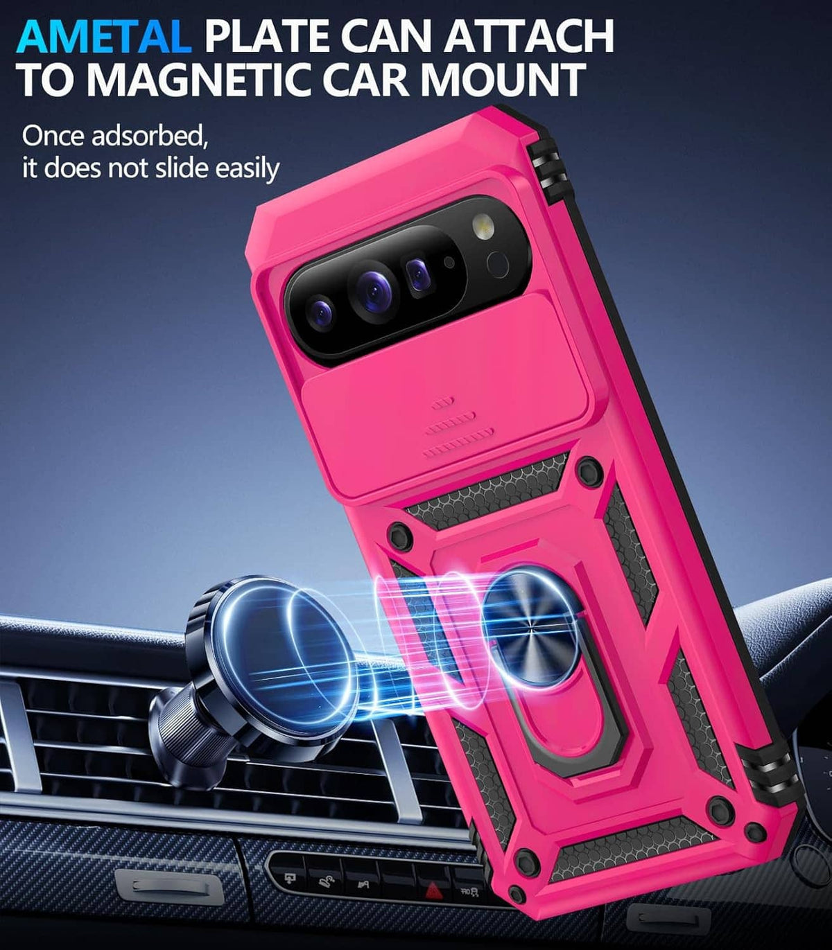 Rugged pink Pixel case with metal car-mount plate, camera protection and grippy sides
