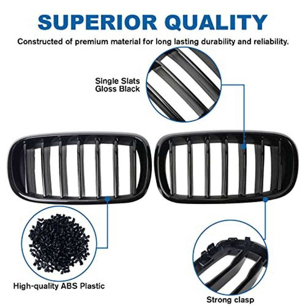 Two-piece gloss black kidney grille design with single vertical slats and ABS plastic clips.