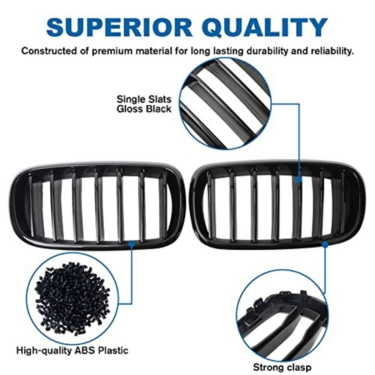 Two-piece gloss black kidney grille design with single vertical slats and ABS plastic clips.