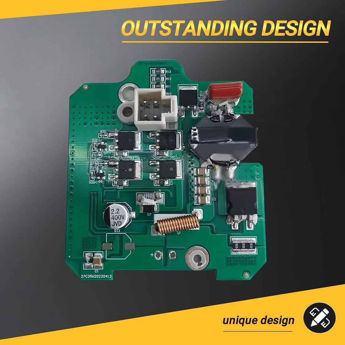 HID ballast control PCB module with green circuit board and electronic components