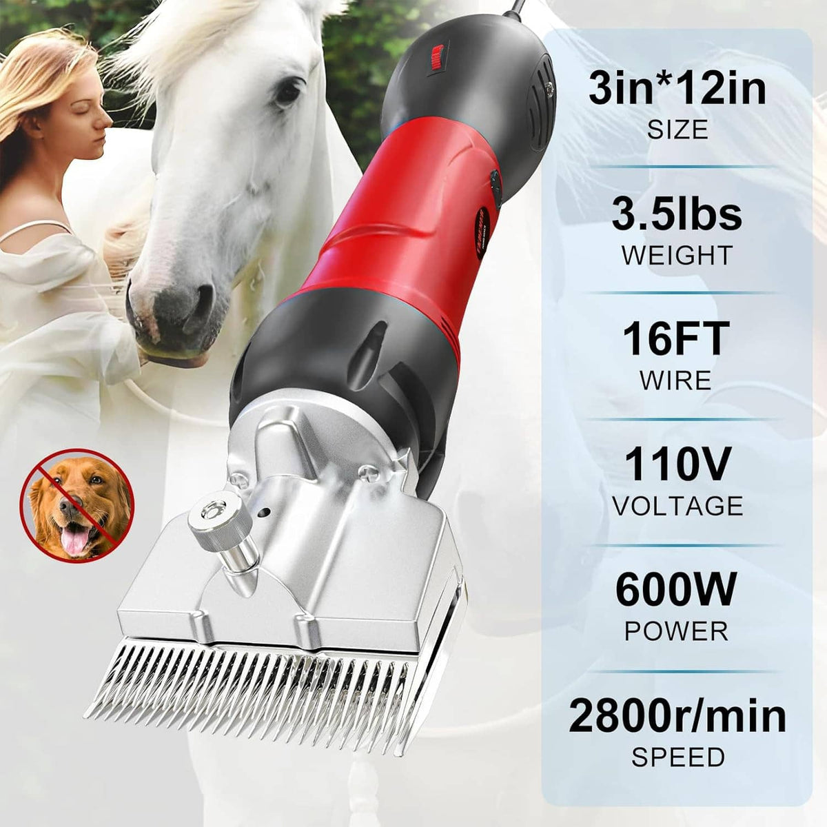 Red and black corded 600W horse clipper with visible blade and size specs