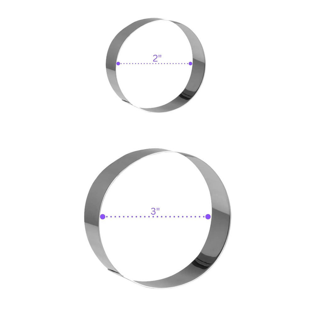 Stainless steel round cookie cutters with 2 in and 3 in size markings.