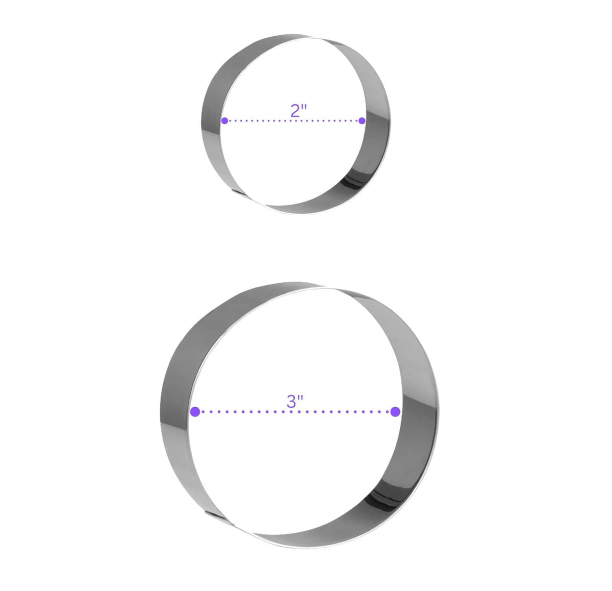 Stainless steel round cookie cutters with 2 in and 3 in size markings.