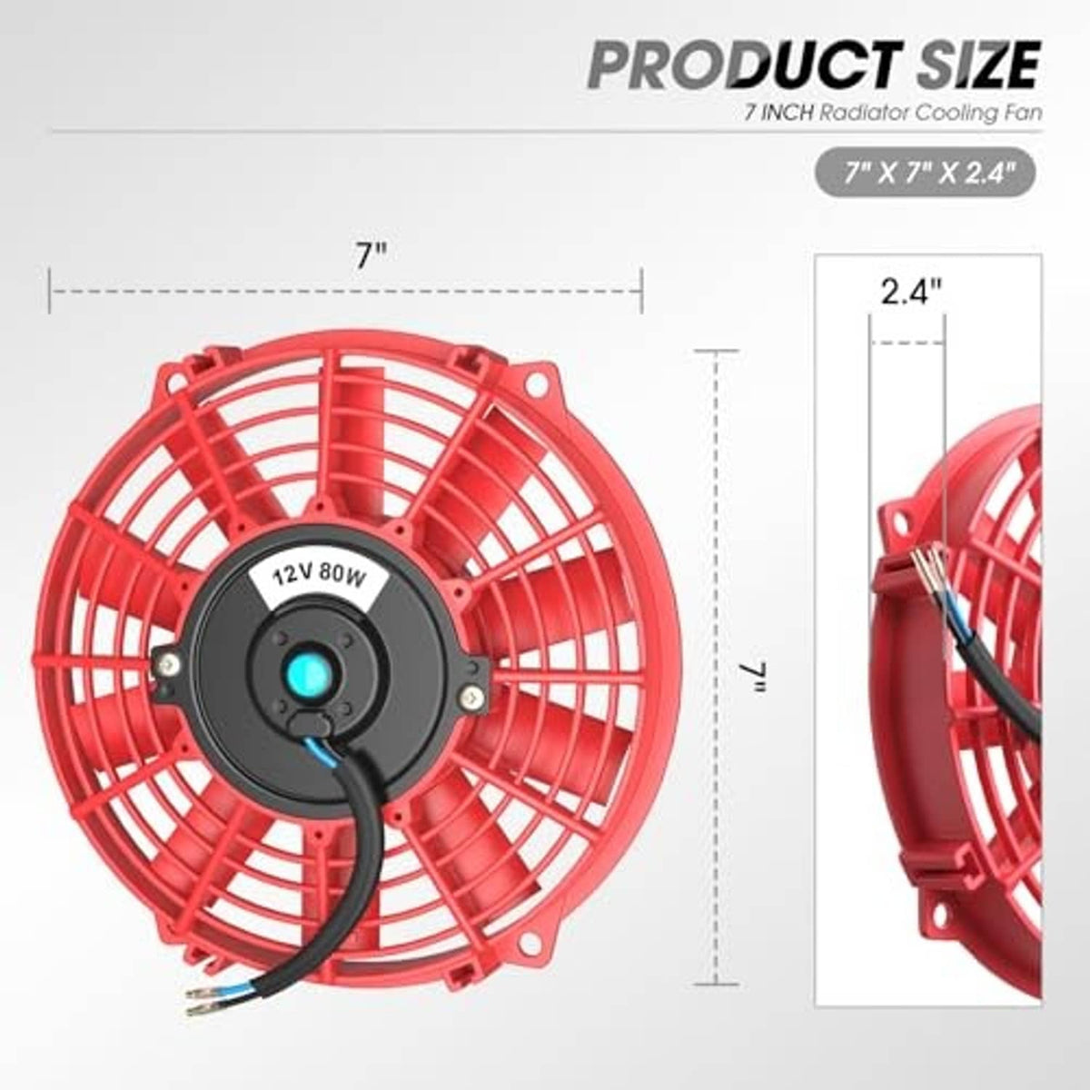 Red 7-inch radiator cooling fan with black motor, blue center, and mounting holes