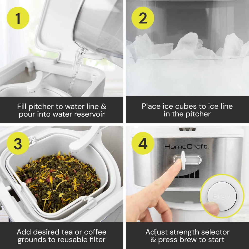 Iced tea and coffee maker steps with pitcher filling, ice placement, and brew button control