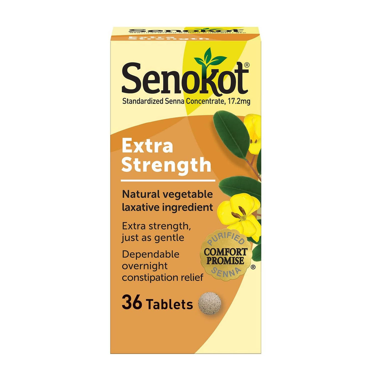 Senokot Extra Strength laxative box with yellow leaves and 36 tablets