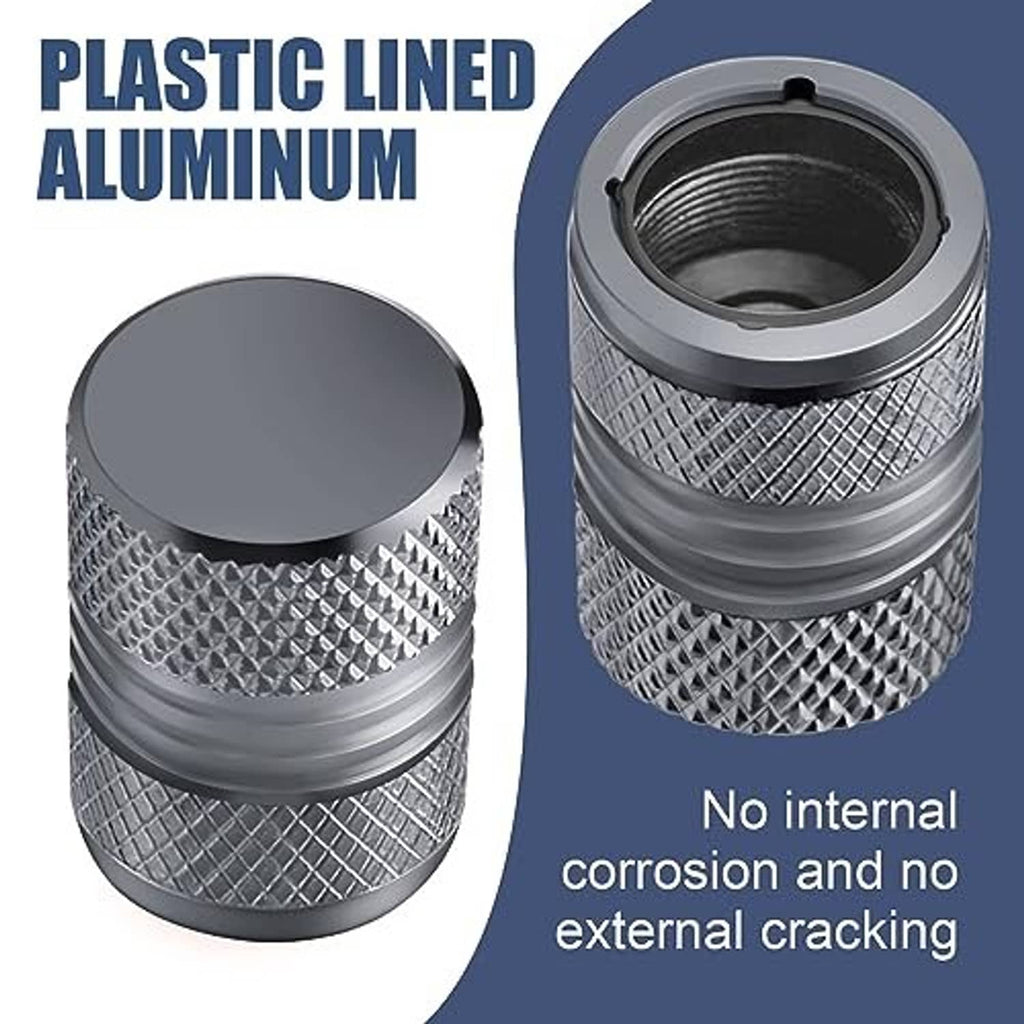 Grey valve stem cap pair, one showing flat top and cutaway inner thread liner