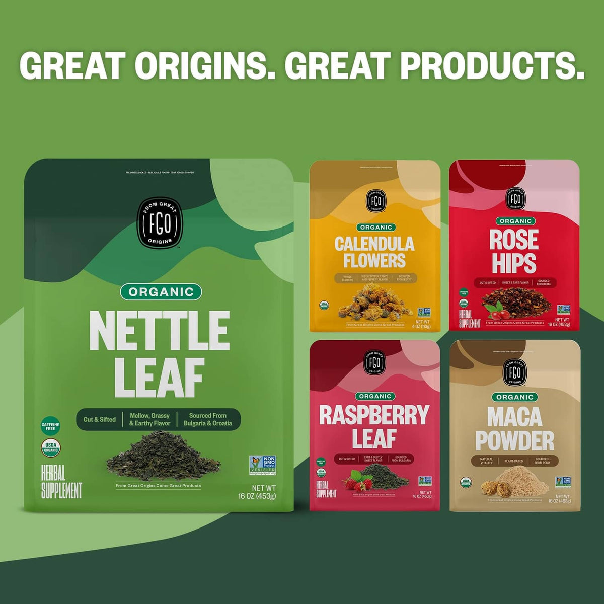 Assorted herbal tea pouches featuring Organic Nettle Leaf in a bundle