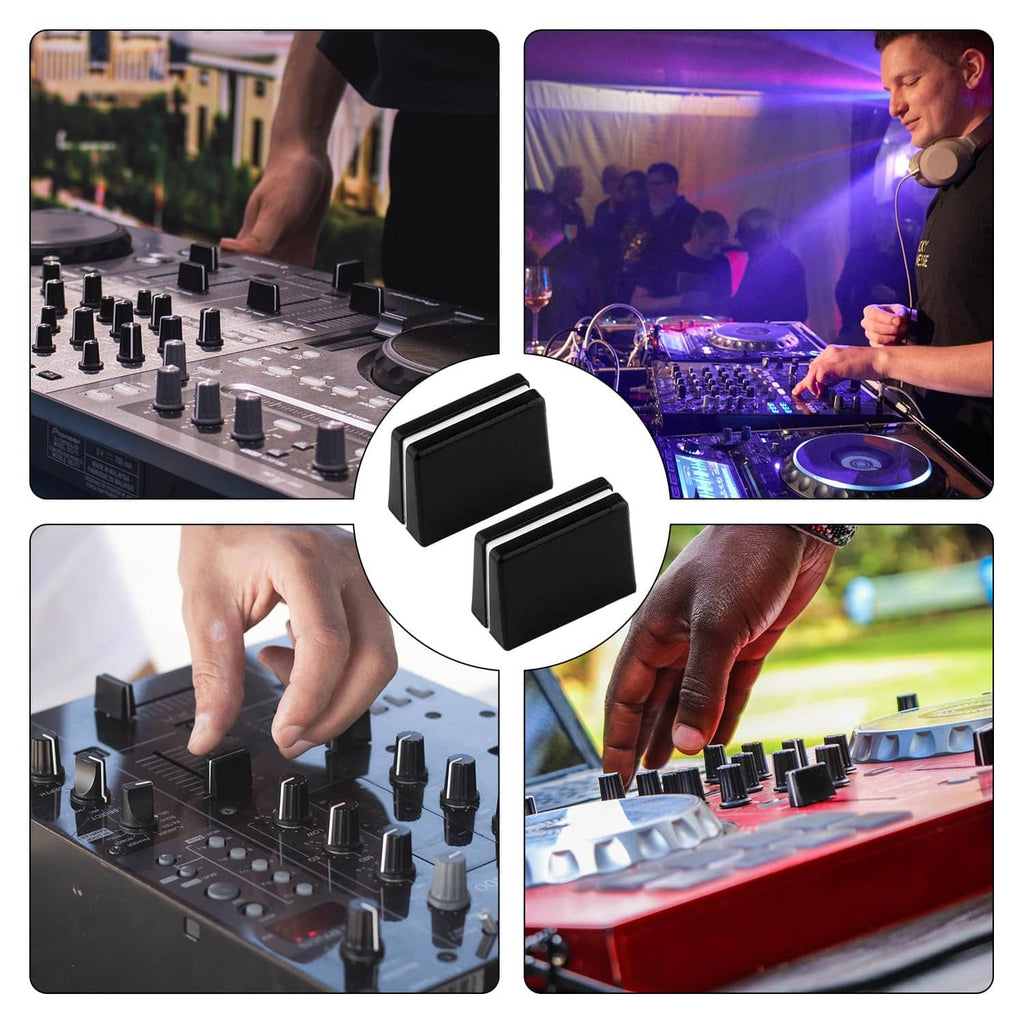 DJ mixer fader caps in use, black rectangular knobs for slider controls