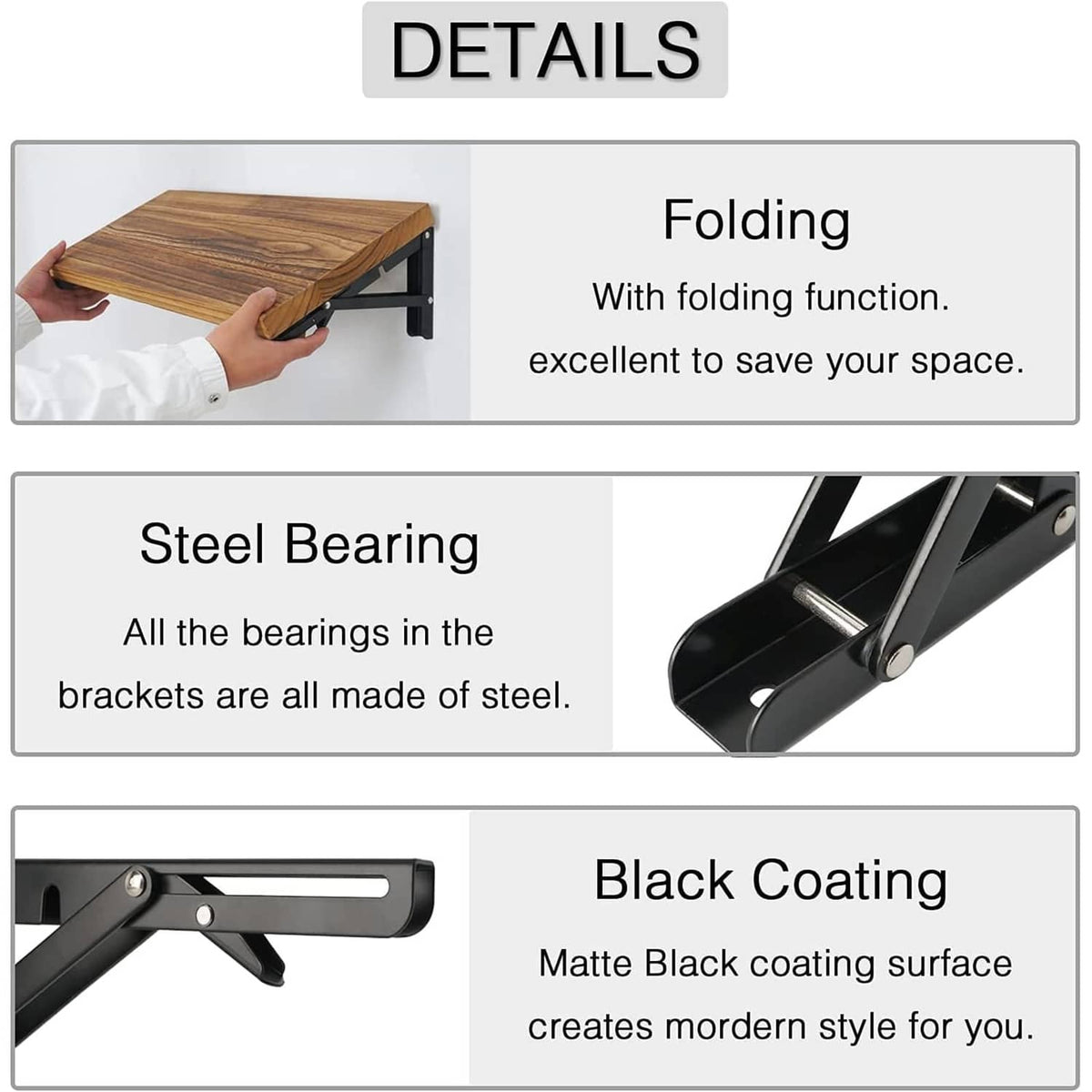 Matte black folding shelf bracket with steel hinge plates and press-release lever