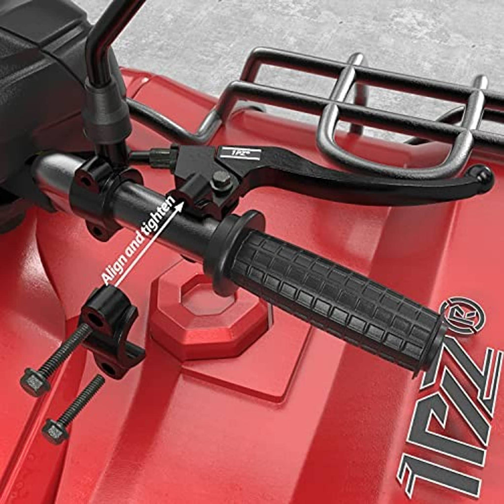 Black lever perches with throttle grip area on red ATV, showing adjustment and bolts