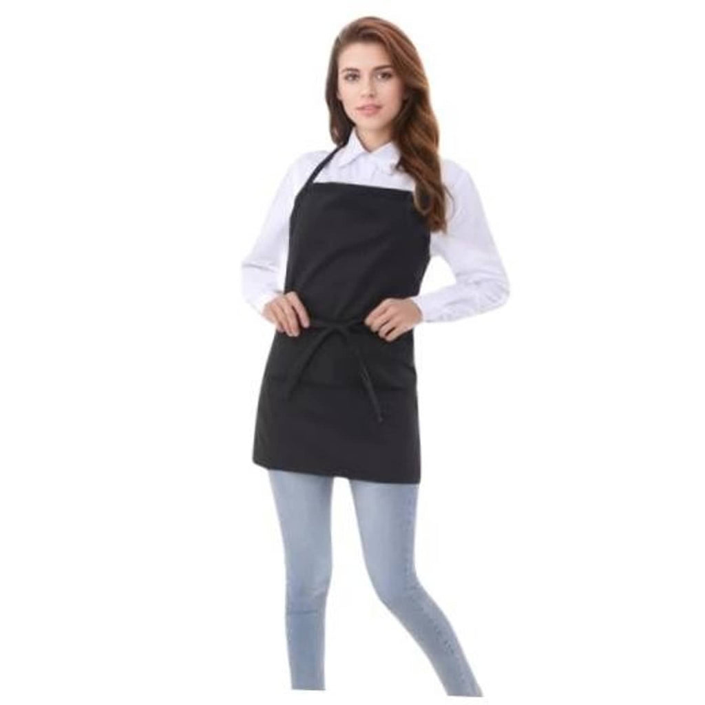 Black cotton short apron with 3 pockets, neck straps, and front waist tie.