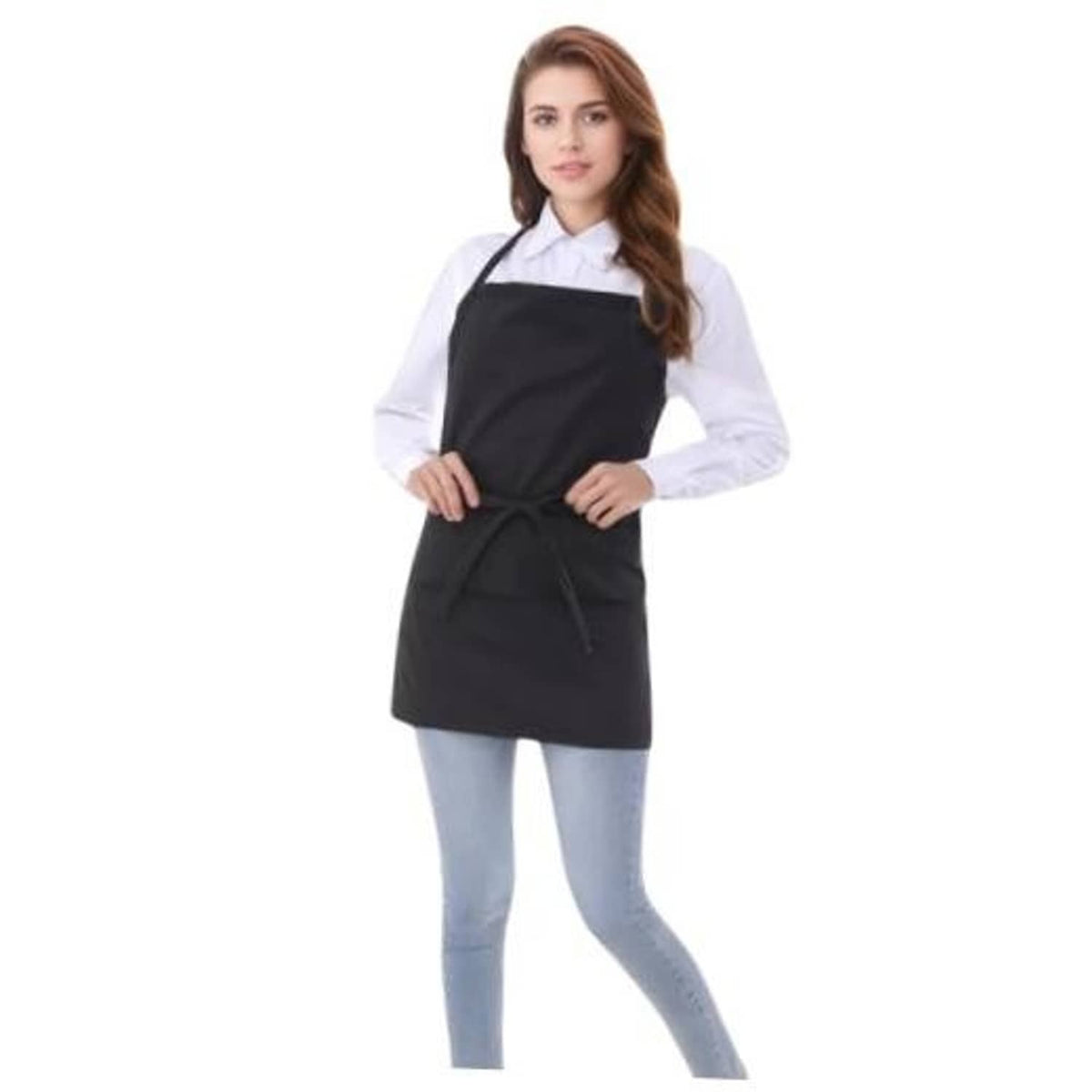 Black cotton short apron with 3 pockets, neck straps, and front waist tie.