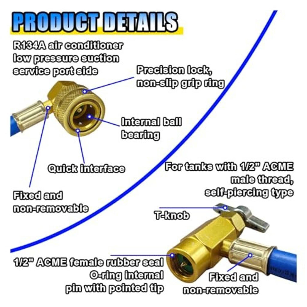 Brass refrigerant charging coupler with quick interface and blue hose