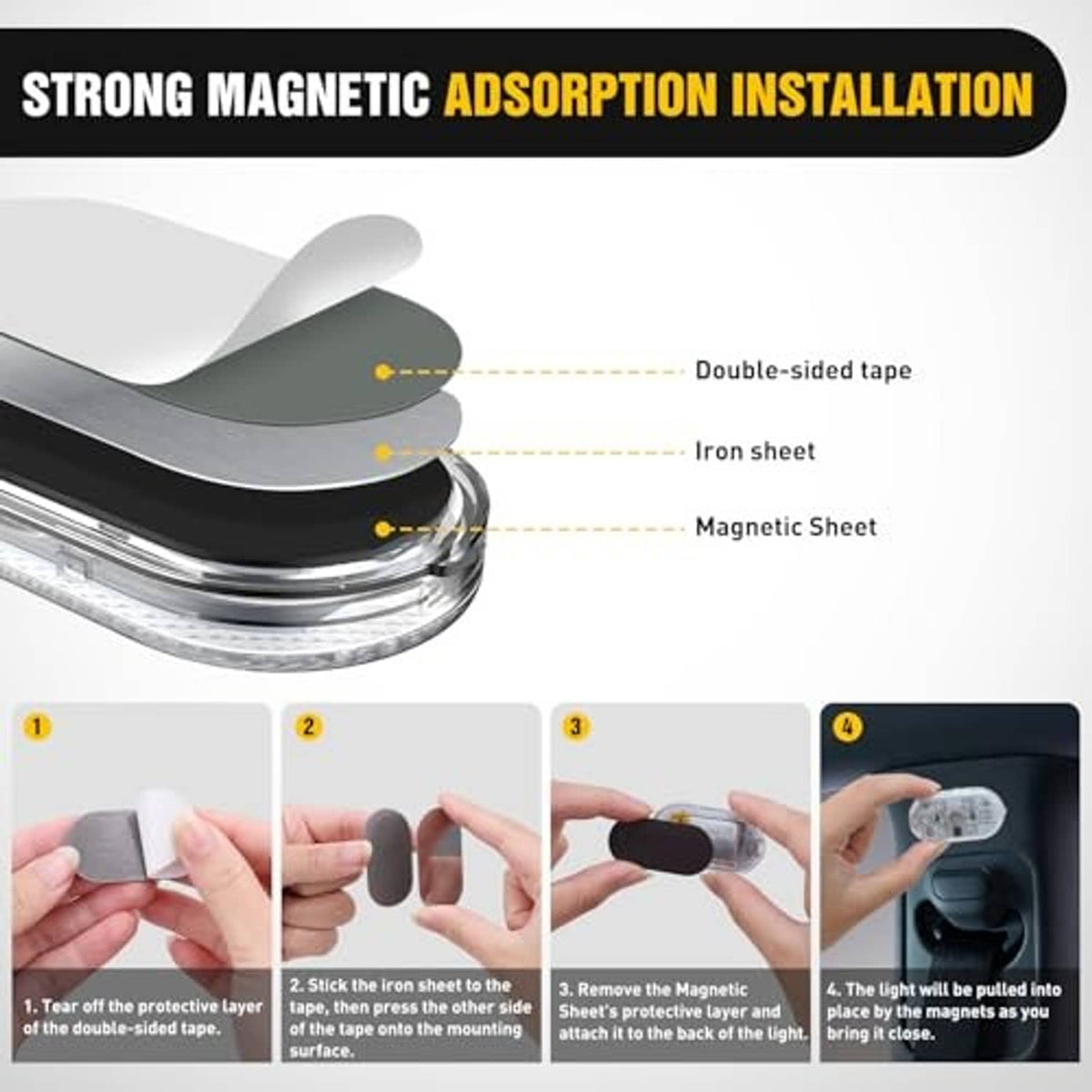 Magnetic mounting underside of an oval clear RGB LED interior light with protective film