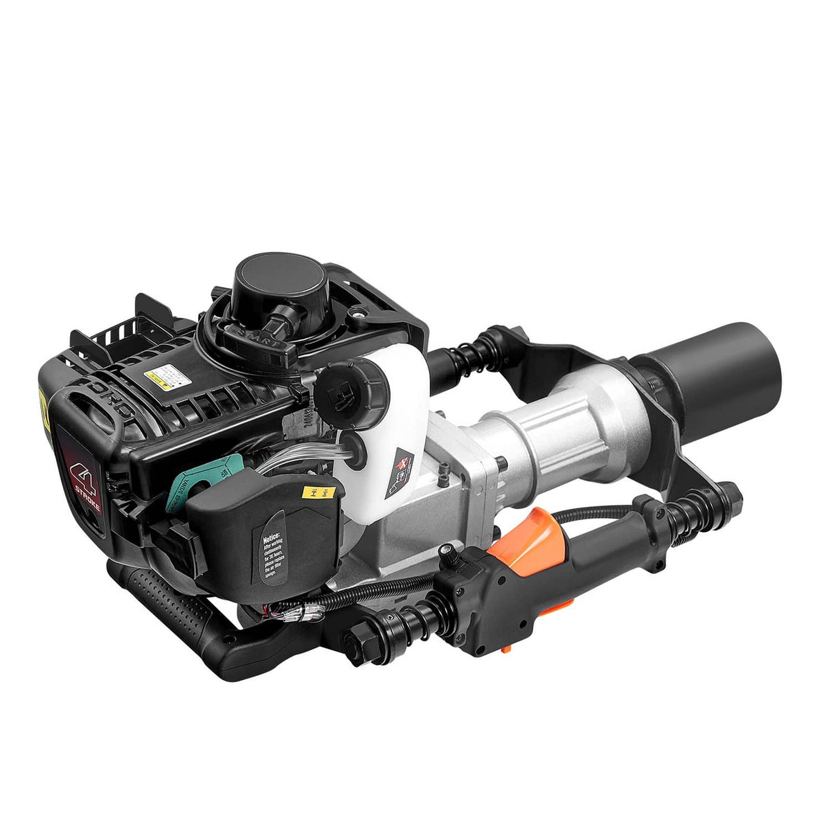 Gas-powered T post driver with orange grip handles and black driving tube attachment