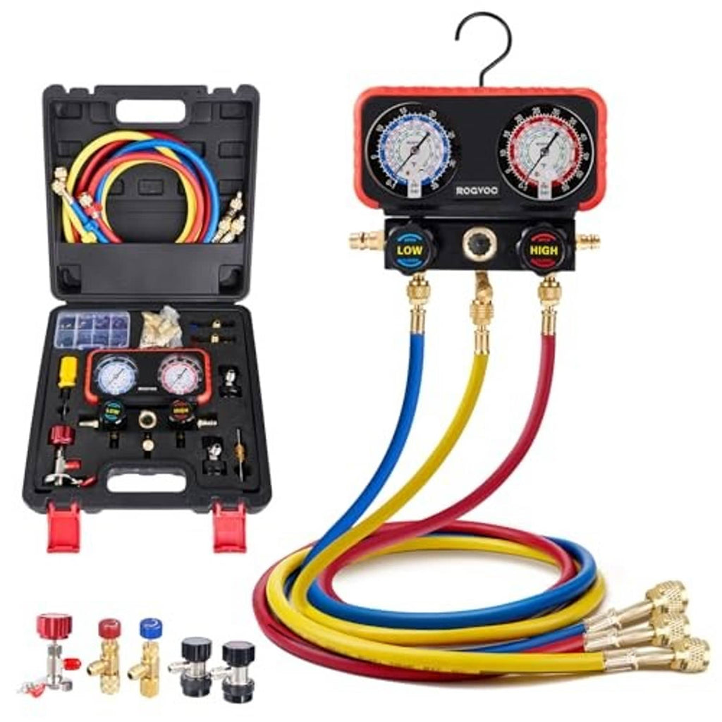 HVAC manifold gauge set with dual dials, brass valves, and multicolor hoses with case