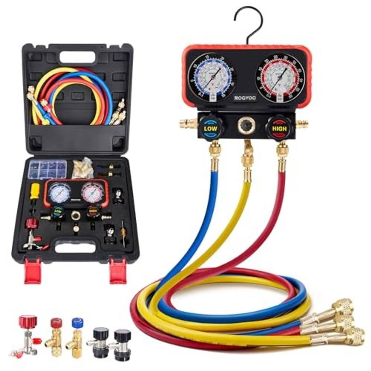 HVAC manifold gauge set with dual dials, brass valves, and multicolor hoses with case