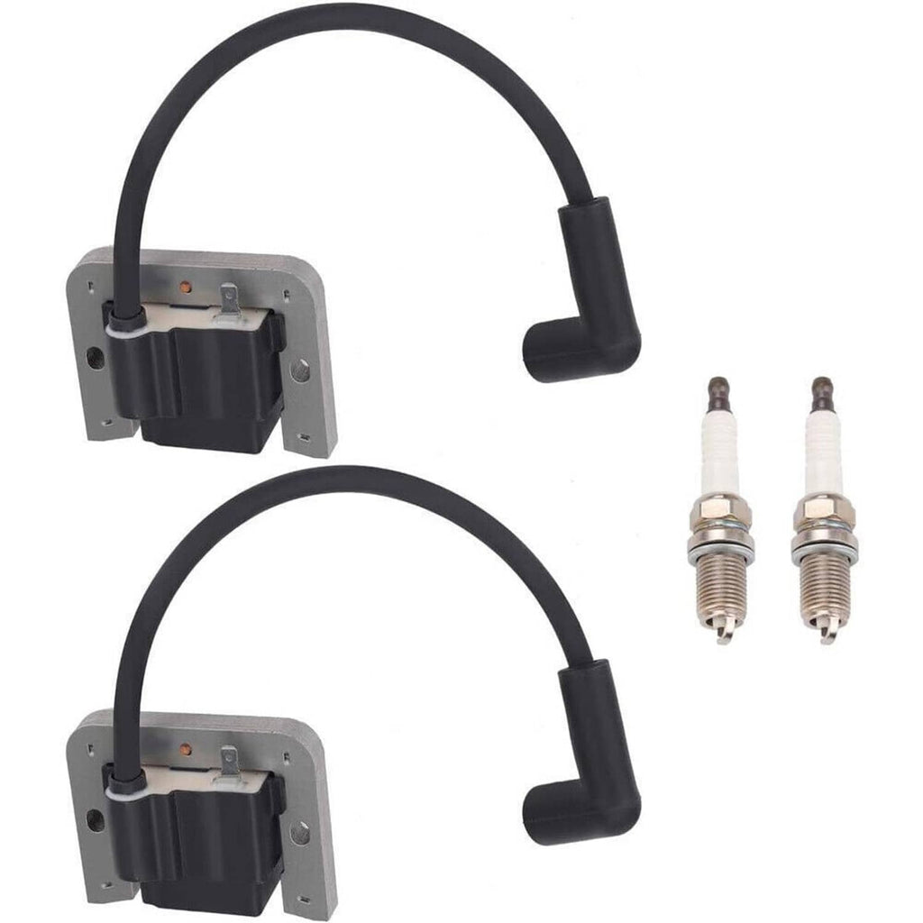 Two ignition coil modules with black boots and spark plug pair