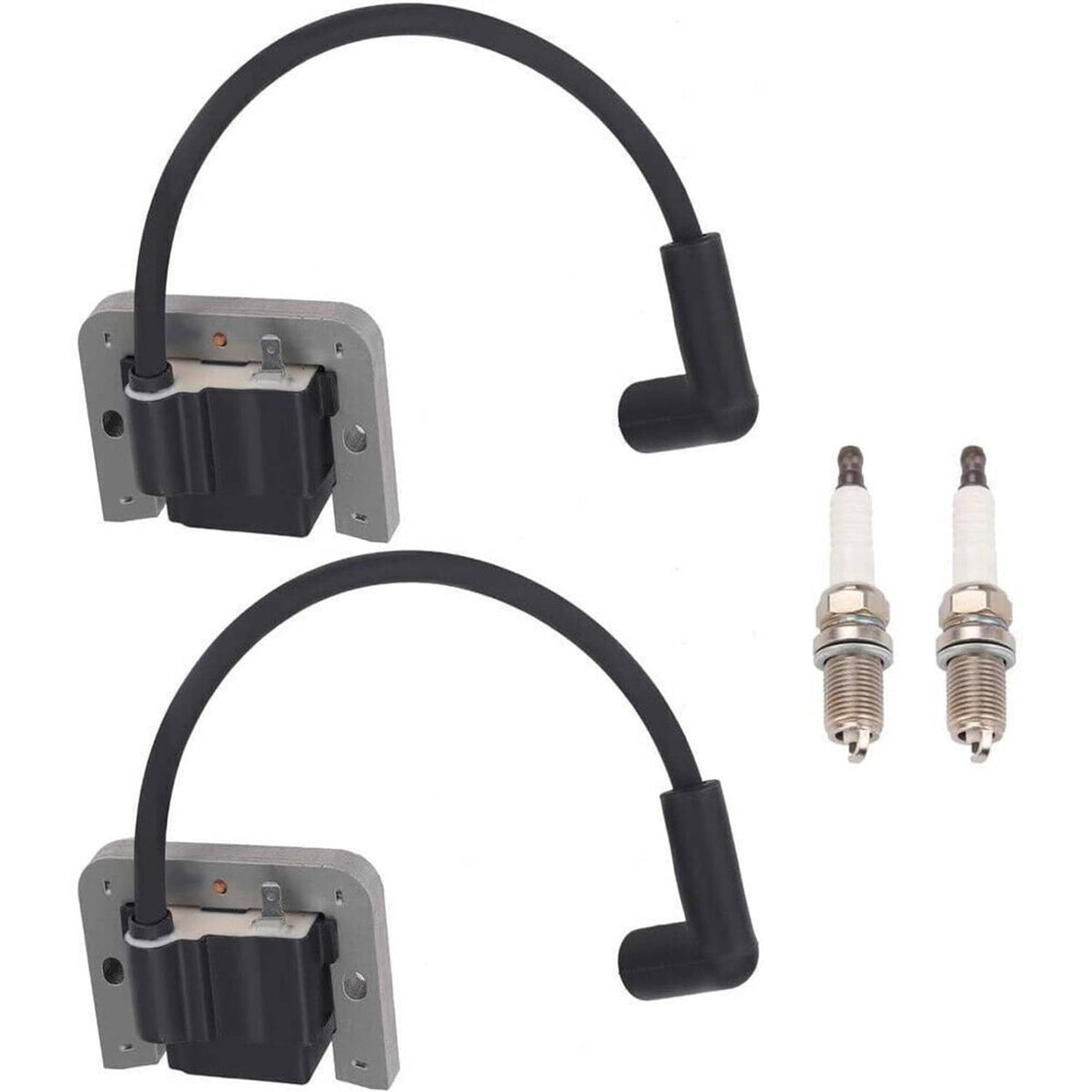 Two ignition coil modules with black boots and spark plug pair