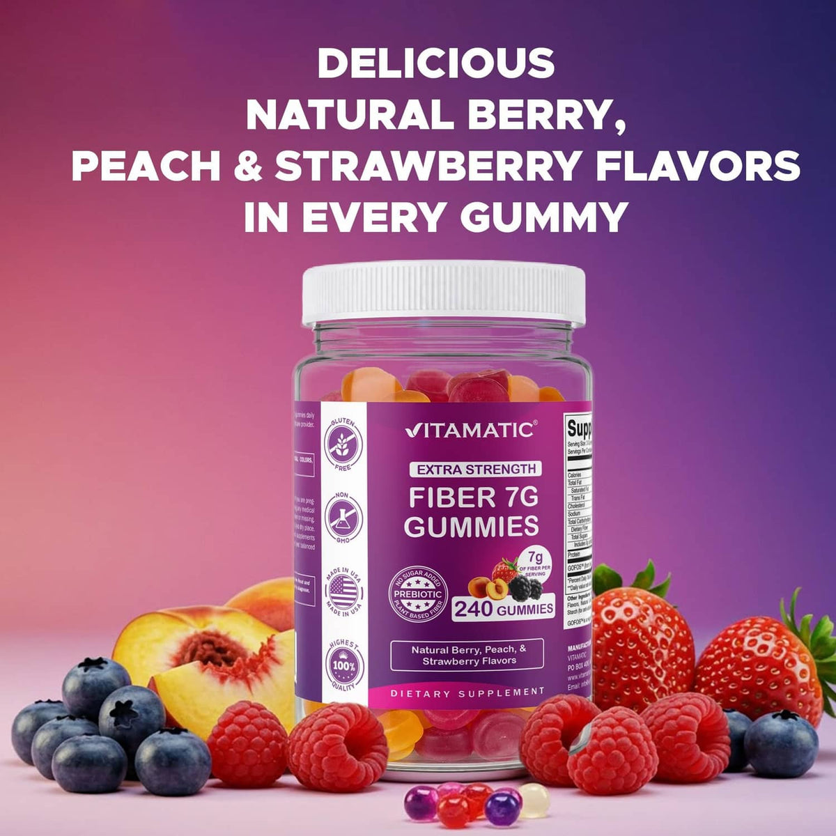 Vitamatic fiber 7g gummy bottle with mixed berries, peaches, and strawberry gummies