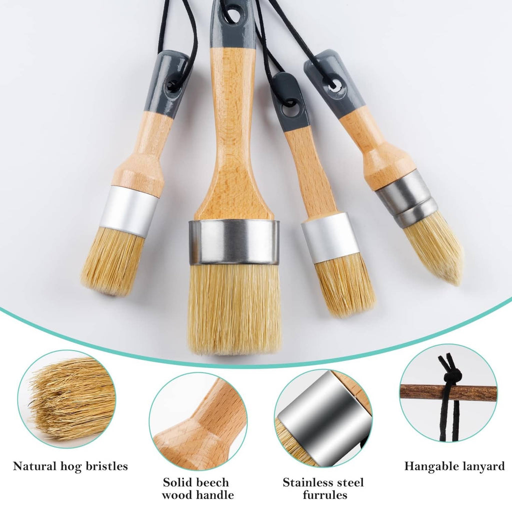 Five chalk paint brushes grouped together, wood handles with silver ferrules
