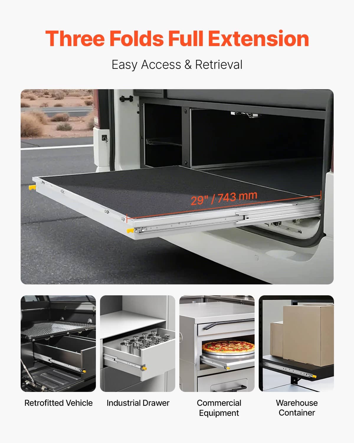 Three-fold full-extension soft-close drawer slides for easy access, 29 in length