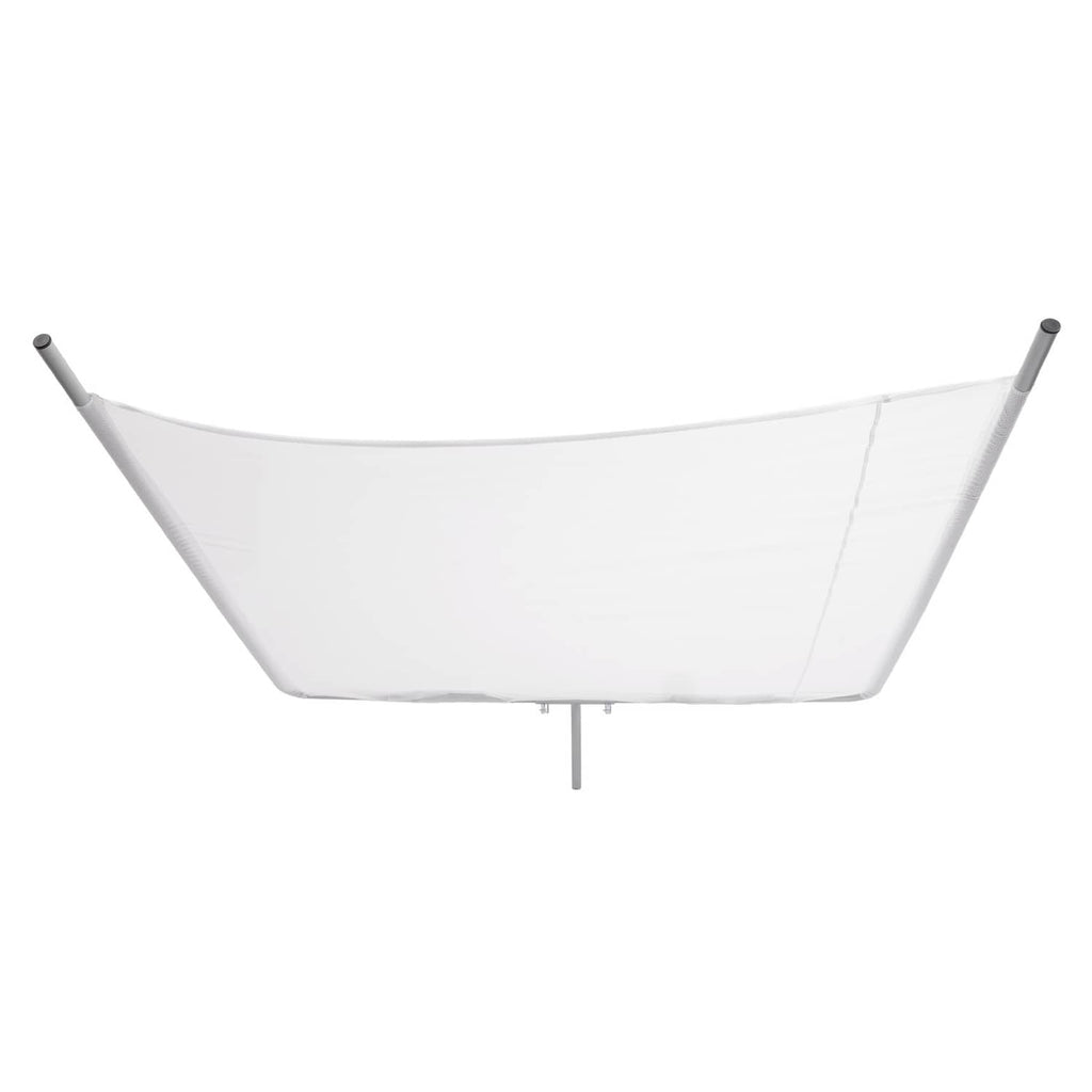 White boat sun shade hammock-style canopy with silver poles and support bar