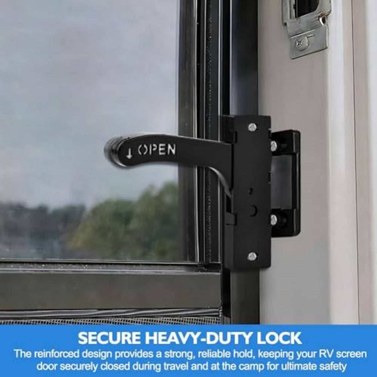 Black left-hand RV screen door lock latch mounted on door frame with open handle