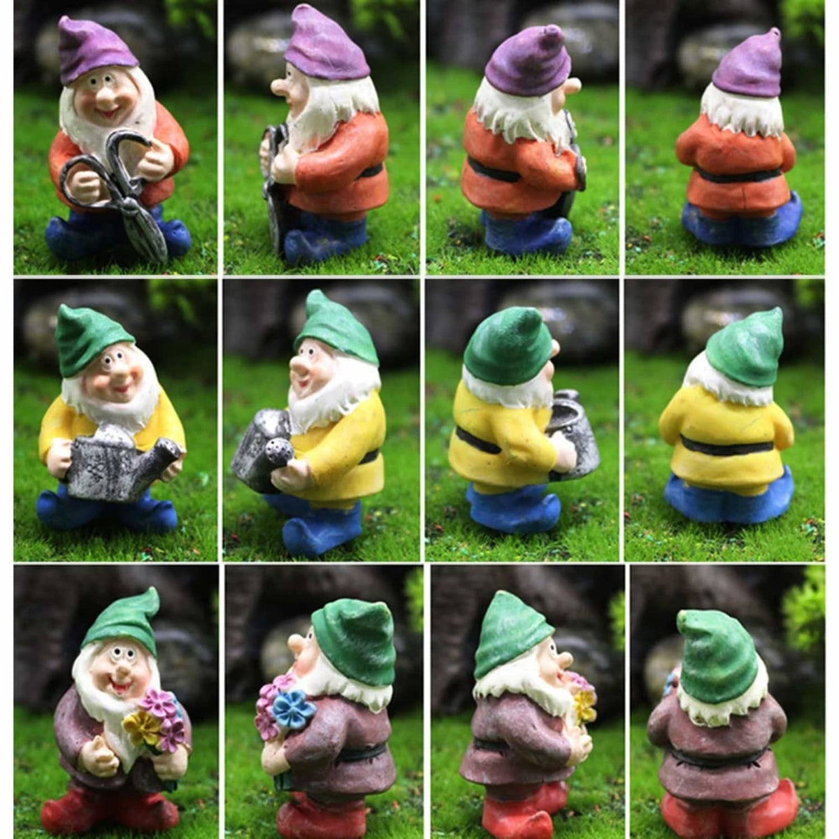 Mini resin gnome figurines with green and purple hats, flower and gift details, angles