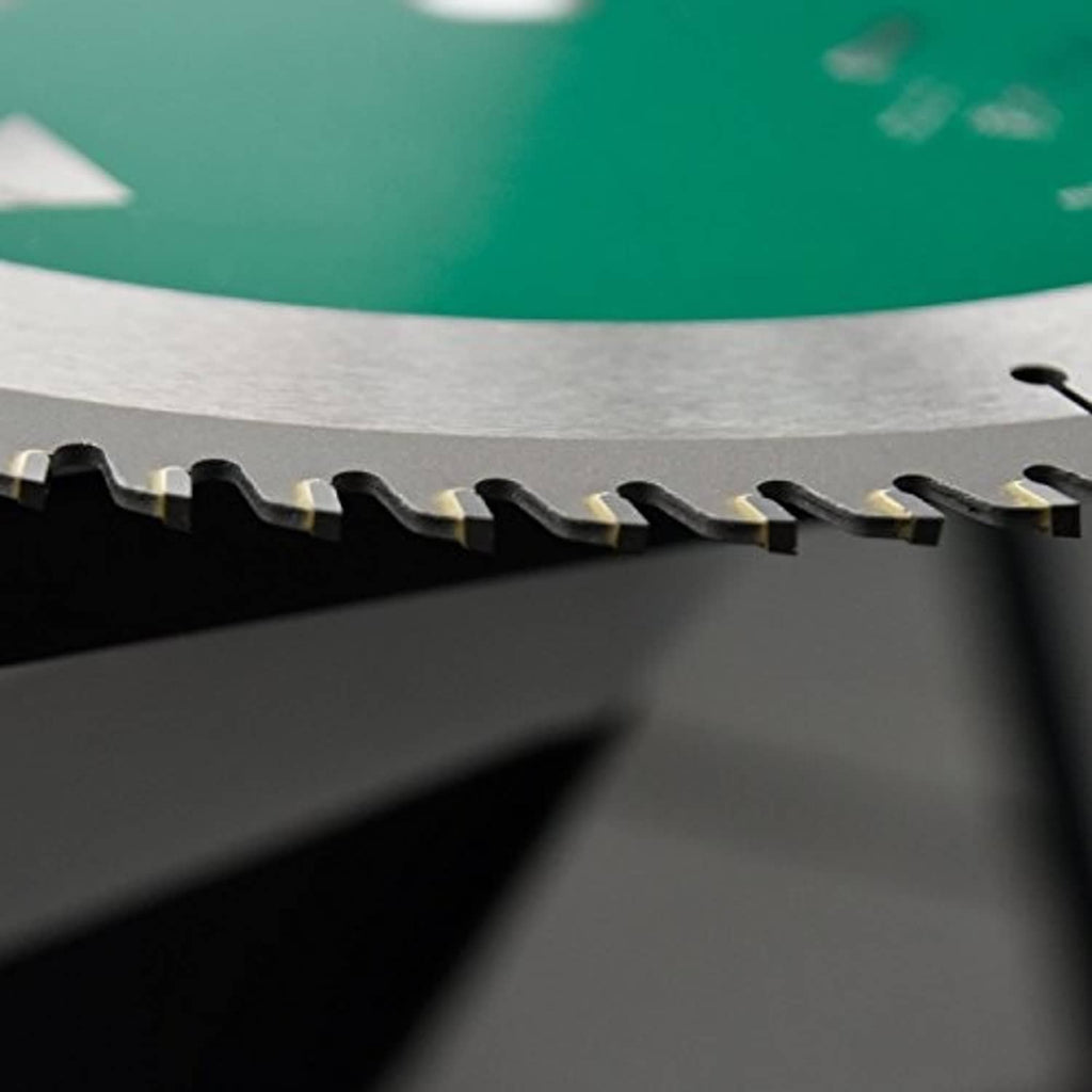 Close-up of saw blade teeth edge for smooth aluminum and non-ferrous cutting