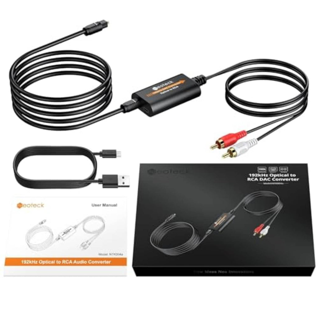 Optical-to-RCA DAC converter kit with multiple cables, manual, and converter box