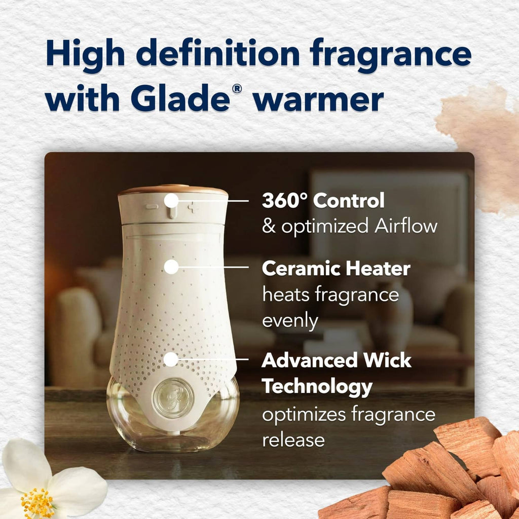 Glade Cashmere Woods plug-in warmer refill oil shown in ceramic heater