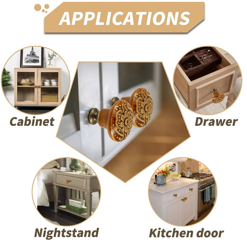 Brown ceramic flower drawer knob with ornate petal-and-seed relief detail