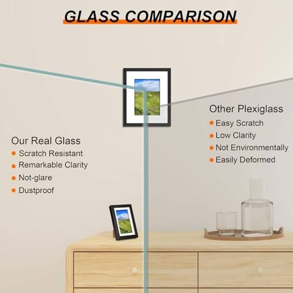 Black picture frame with real glass panel, open front view