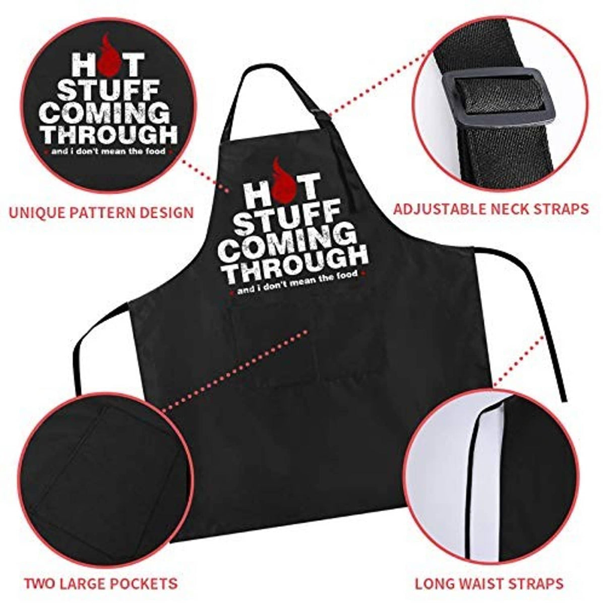 Black chef apron with adjustable neck straps, long waist ties, and two large pockets