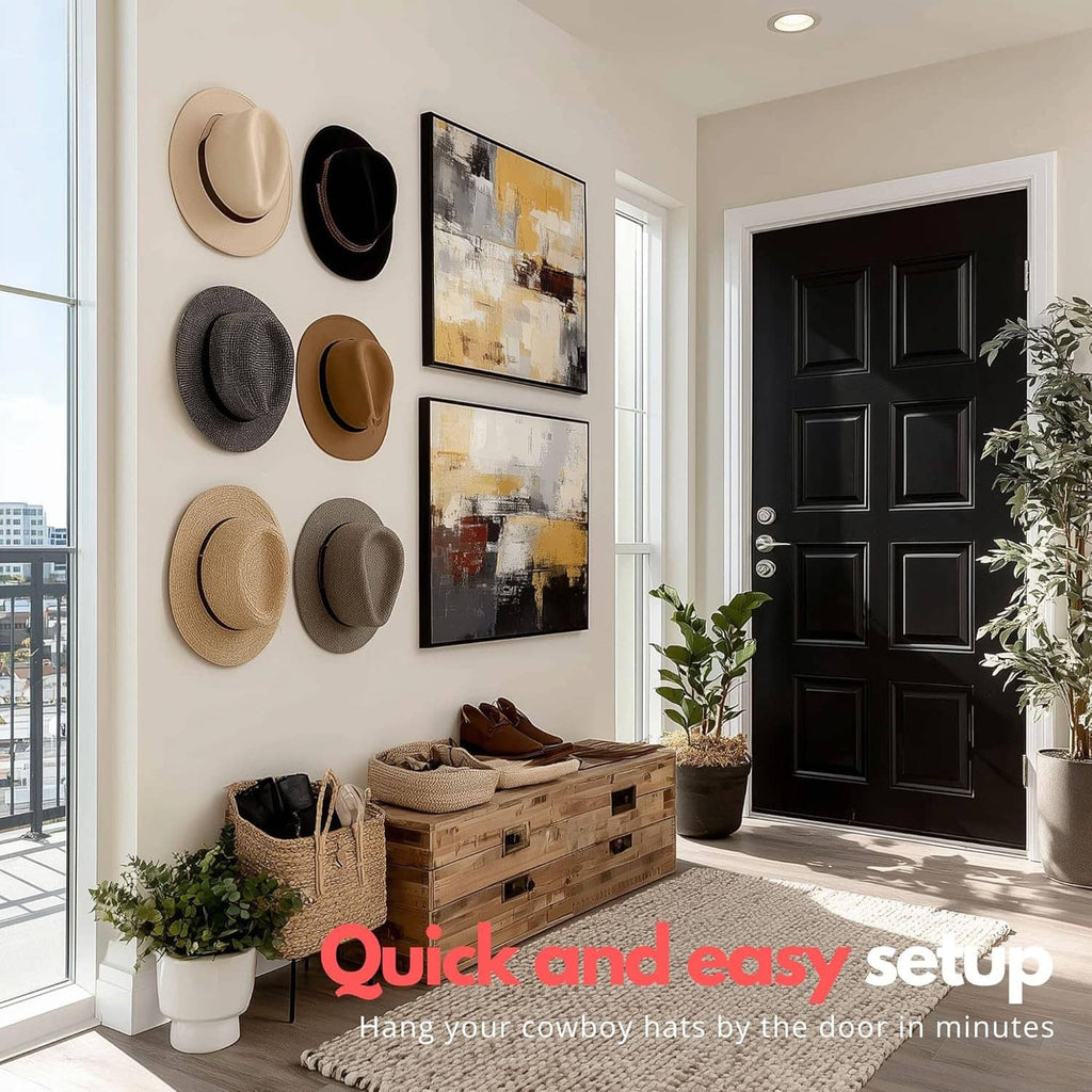 Adhesive hat hooks securing several hats on a wall for easy access