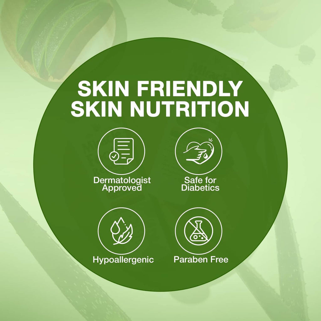 Skin-friendly nutrition certification badge with dermatologist approved and paraben-free icons